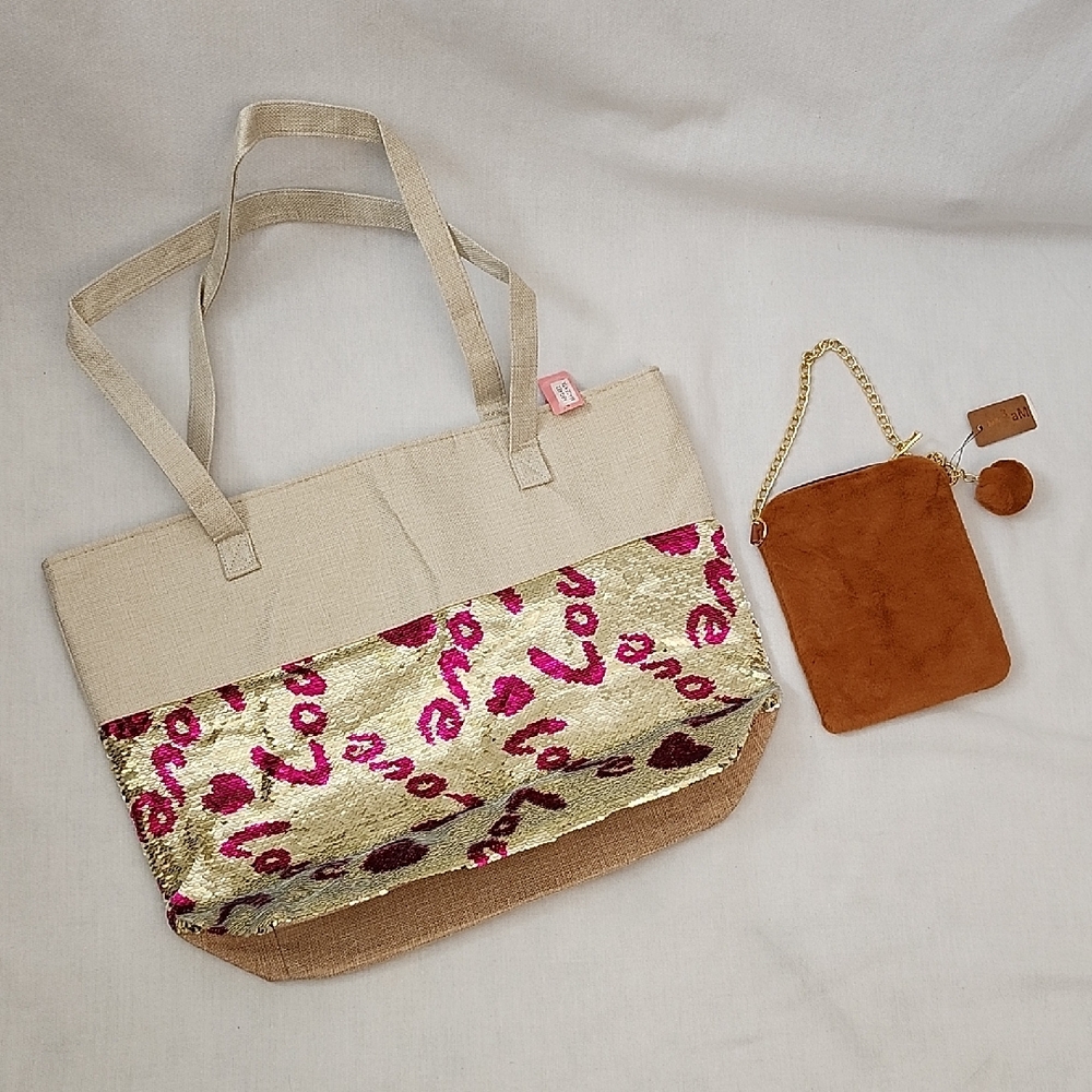 Beige & Gold Sequin Tote Bag with Hello 3am Furry Crossbody Bag